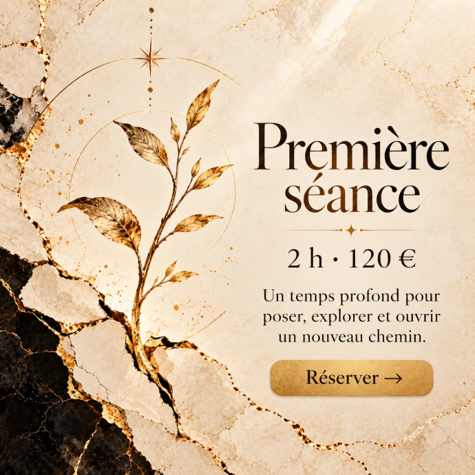 Première séance de shadow work en visio, 2 heures, 120 euros : un temps profond pour poser, explorer et ouvrir un nouveau chemin. Séance de libération des blocages inconscients en visio, 1 heure 30, 90 euros. Séance de suivi en shadow work en visio, 1 heure, 60 euros, réservée aux personnes déjà accompagnées. Première séance