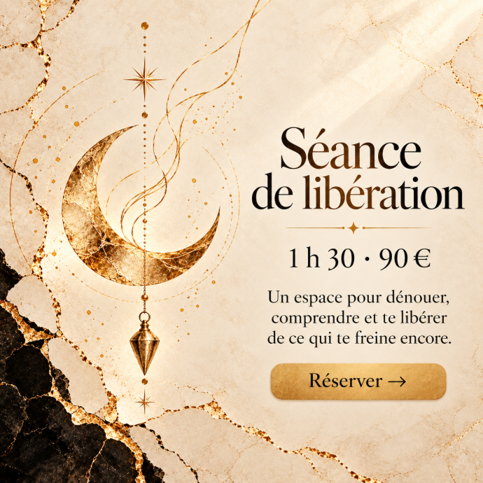 Réserver ma séance de libération Séance de libération des blocages inconscients en shadow work, en visio, 1 heure 30, 90 euros, avec écoute, pendule, méditation guidée et ancrage.