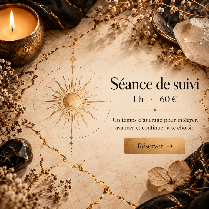 Séance réservée aux personnes déjà accompagnées Séance de suivi en shadow work, en visio, 1 heure, 60 euros, réservée aux personnes déjà accompagnées.